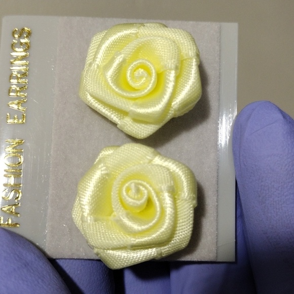 Yellow Fabric Stud Earrings – Satin Flower Design - 0.75" Women's Jewelry - Picture 6 of 6